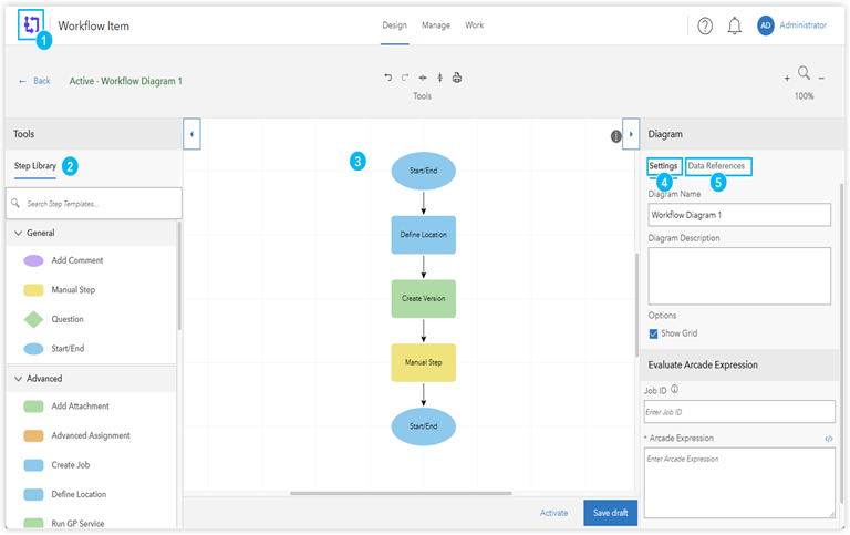 Design page with the Step Library panel, workflow canvas, and Settings panel